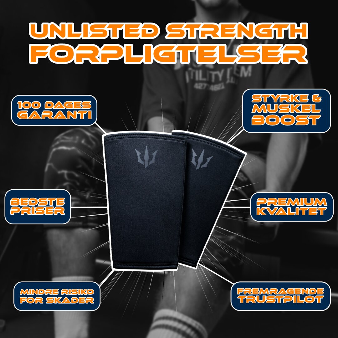 Fremhævelse af 6 forpligtelser Unlisted Strength tilbyder kunderne med knee sleeves i centrum og forpligtelserne ved hver side af dem