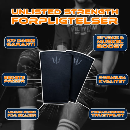 Fremhævelse af 6 forpligtelser Unlisted Strength tilbyder kunderne med knee sleeves i centrum og forpligtelserne ved hver side af dem