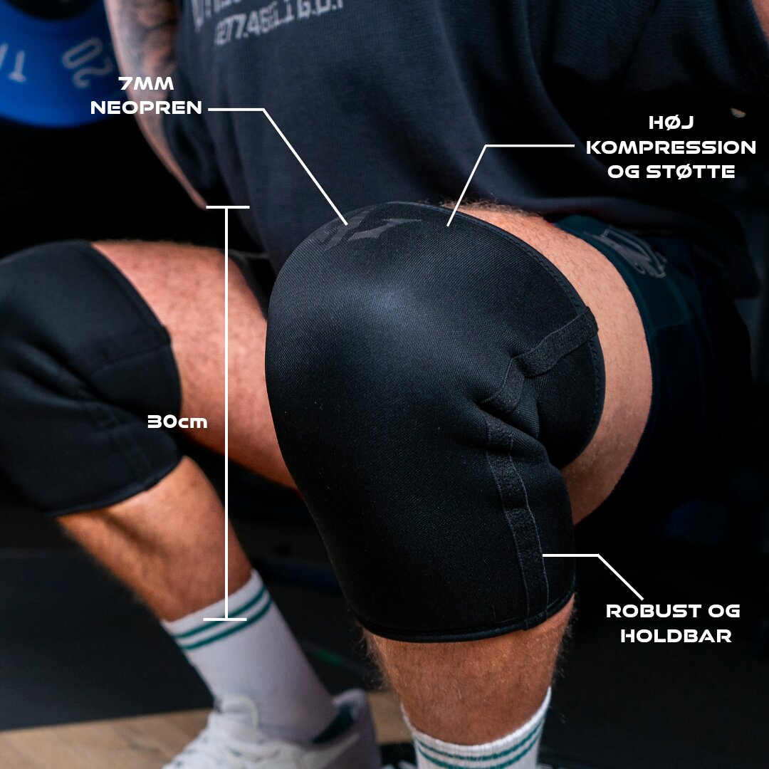 Nærbillede af en mand, der squatter med sorte Unlisted Strength knee sleeves og illustrationer, der fremhæver specifikationer
