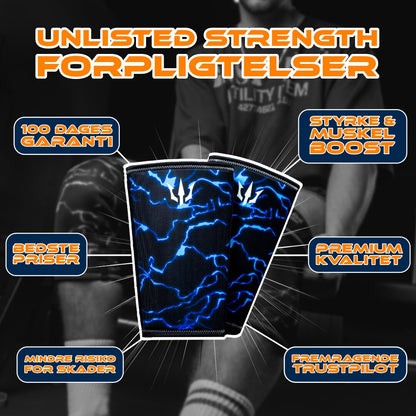 Fremhævelse af 6 forpligtelser Unlisted Strength tilbyder kunderne med knee sleeves i centrum og forpligtelserne ved hver side af dem