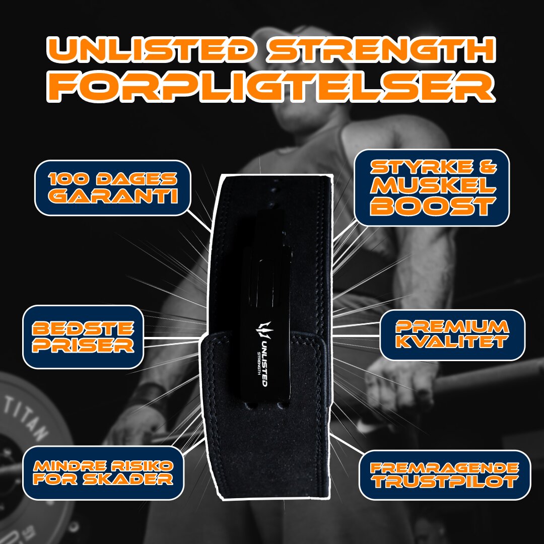 Illustrationsbillede, der fremhæver alle de vigtigste fordele ved at købe Unlisted Strengths sorte træningsbælte