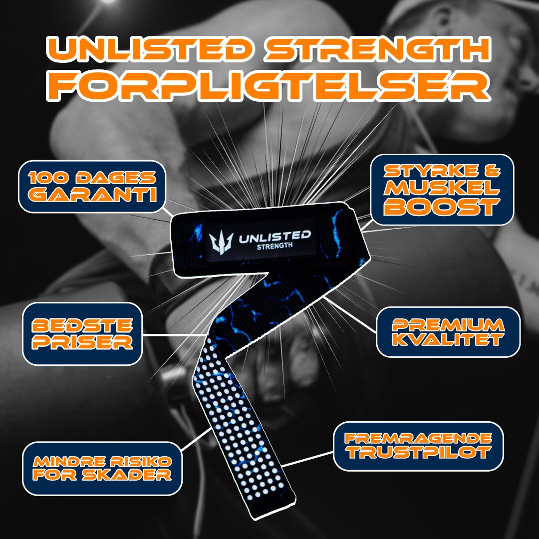 Illustrationsbillede der highlighter de 6 vigtigste fordele ved at købe Unlisted Strength lifting straps med lifting straps i midten og fordelene ved siden af