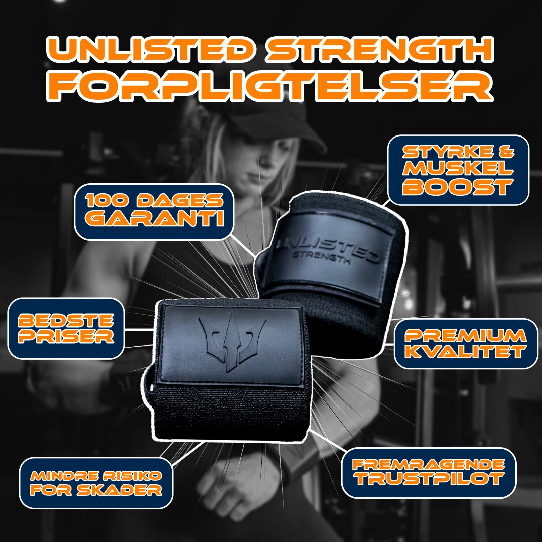 Illustrationsbillede af sorte Unlisted Strength wrist wraps og 6 kundefordele rundt om