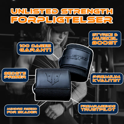 Illustrationsbillede af sorte Unlisted Strength wrist wraps og 6 kundefordele rundt om