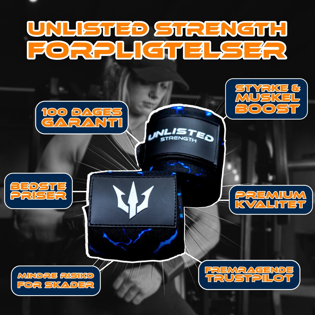 Illustrationsbillede af blå Unlisted Strength wrist wraps og 6 kundefordele rundt om